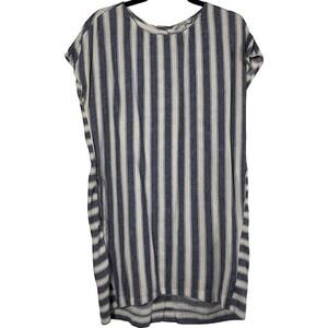 116 Madewell Linen-Blend Striped Play Button-Back Shift Dress (M, EUC)